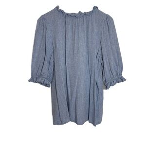 BeachLunchLounge chambray linen mix short sleeve top w/ ruffle neck & sleeves